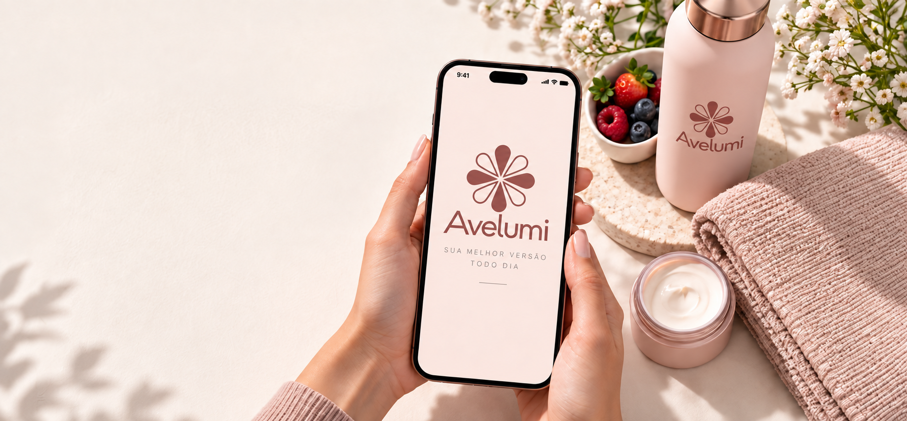 Mãos segurando o celular com o AVELUMI, frutas, flores, garrafa rosé, toalha e creme